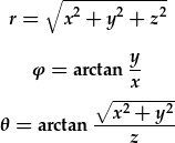 r=\sqrt{x^2+y^2+z^2};\phi=\arctan{\frac{y}{x}};\theta=\arctan{\frac{\sqrt{x^2+y^2}}{z}}