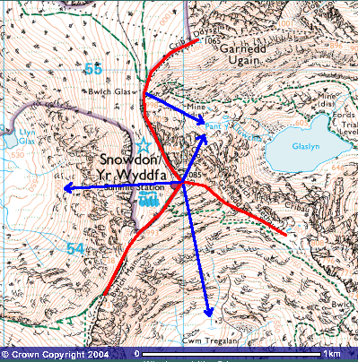 Fig.: Map AO o'r Wyddfa yn dangos cribau a graddiannau.