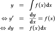 y=\int{f(x)dx} \Leftrightarrow y'=\frac{dy}{dx}=f(x) \Leftrightarrow dy=f(x)dx