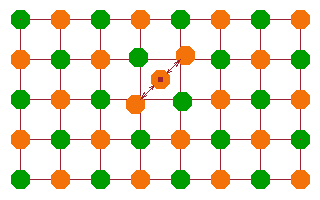 Interstitial in a crystalline lattice.