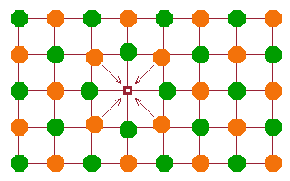 Vancancy in a crystalline lattice.