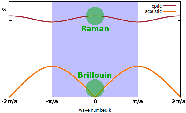 Regions of the Brillouin zone probed by Raman and Brillouin scattering.